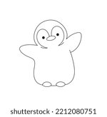 Vector isolated cute cartoon hanging penguin with outstretched wings colorless black and white contour line easy drawing