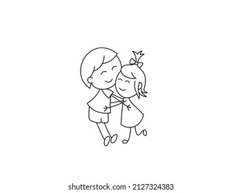 Vector isolated cute cartoon hugging boy and girl colorless black and white contour line doodle drawing