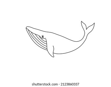 Vector isolated cute cartoon humpback whale colorless black and white contour line doodle drawing