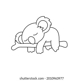 Vector isolated cute cartoon koala sleeping on a tree drawing. Colorless black and white koala line doodle drawing.