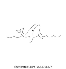 Vector isolated cute cartoon little whale emerging from the water wave colorless black   white contour line easy drawing