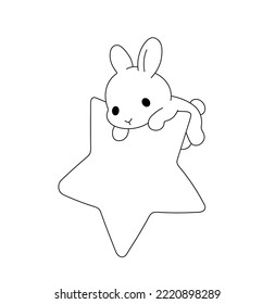 Vector aislado lindo dibujos animados pequeños lienzos de conejo colgados en una gran línea de contorno blanco y negro sin color de estrella de cinco puntas dibujo fácil