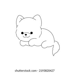 Vector isolated cute cartoon lying dog lapdog spitz colorless black and white contour line easy drawing