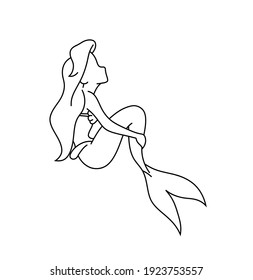 Vector isolated cute cartoon mermaid contour drawing. colorless coloring page mermaid.
