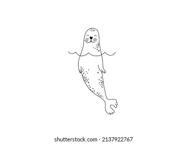 Vector Isolated Cute Cartoon Navy Seal Emerging From The Water Colorless Black And White Contour Line Doodle Drawing