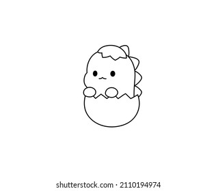 Vector isolated cute cartoon newborn dino hatched from an egg colorless black and white contour line drawing