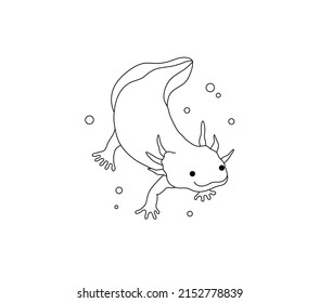 Vector isolated cute cartoon newt triton floating underwater colorless black and white contour line drawing