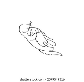 Vector isolated cute cartoon otter with a cub contour line doodle drawing. Colorless black and white swimming otter hugging a cub outline sketch