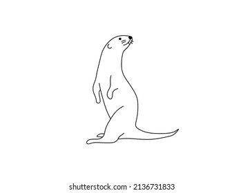 Vector isolated cute cartoon otter standing on its hind legs colorless black and white contour line doodle drawing