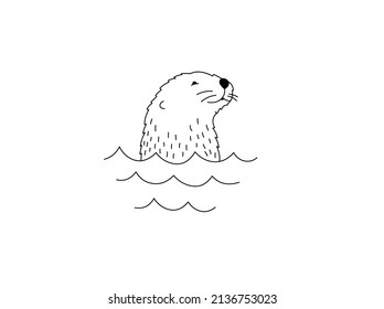 Vector isolated cute cartoon otter head sticking out of the water colorless black and white contour line doodle drawing