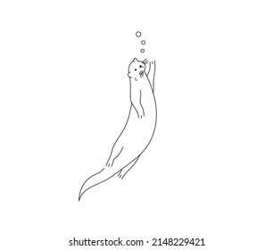 Vector isolated cute cartoon otter swimming from bottom to top colorless black and white contour line doodle drawing