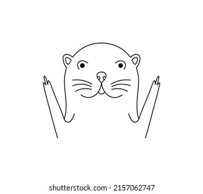 Vector isolated cute cartoon otter head portrait with paws colorless black and white contour line drawing