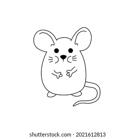Vector isolated cute cartoon oval mouse children's drawing. Colorless black line small simple mouse.