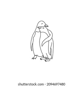 Vector isolated cute cartoon pair hugging penguins colorless black conour line drawing  Two penguins family coloring page