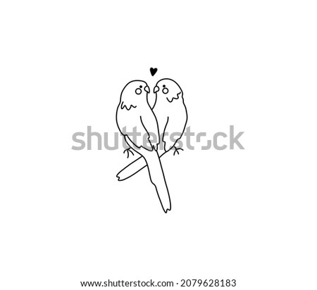 Vector isolated cute cartoon pair of lovesick parrots line drawing. Two lovebirds parrots in love contour doodle drawing ストックフォト © 