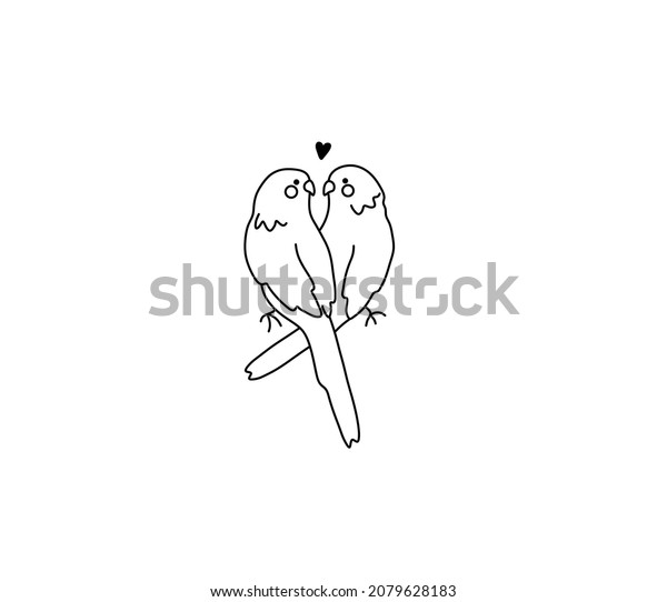 Vector\
isolated cute cartoon pair of lovesick parrots line drawing. Two\
lovebirds parrots in love contour doodle\
drawing