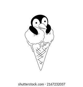 Vector isolated cute cartoon penguin sitting in ice cream cone colorless black and white contour line drawing