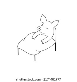 Vector isolated cute cartoon piglet sleeping in bed under under a blanket colorless black and white contour line drawing