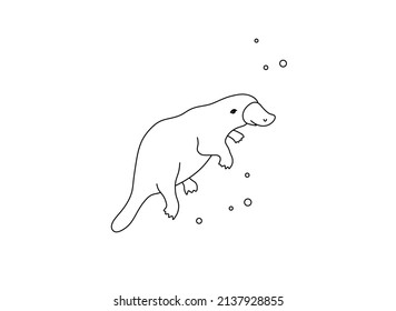 Vector isolated cute cartoon platypus swimming underwater colorless black and white contour line doodle drawing 