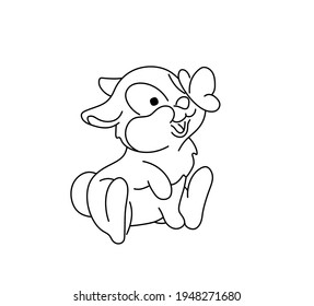 Vector isolated cute cartoon rabbit hare with butterfly contour line colorless black and white drawing