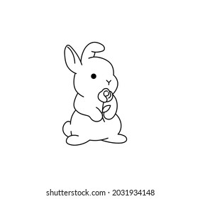 Vector isolated cute cartoon rabbit with flower contour line drawing. Black and white colorless small bunny holds a flower