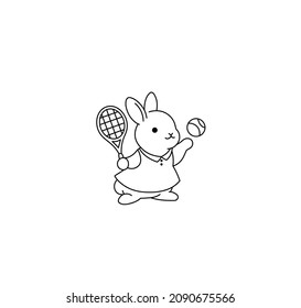 Vector isolated cute cartoon rabbit hare playing tennis contour line colorless coloring page drawing