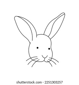 Vektor isolierte süße Cartoon Kaninchen Hase mit sonnigen Kopf-Gesicht Porträtmuzzle gedreht auf der rechten farblosen schwarz-weißer Linie leicht zeichnen