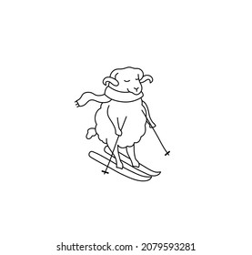 Vector isolated cute cartoon ram in a scarf skiing contour line doodle drawing. Colorless black ans white ram funny character