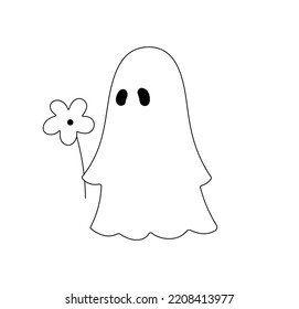 Vector Isolated Cute Cartoon Sad Grost Under White Sheet With One Flower In His Hand Colorless Black And White Contour Line Easy Drawing