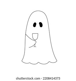 Vector Isolated Cute Cartoon Sad Ghost Under White Sheet With Glass Of Wine Colorless Black And White Contour Line Easy Drawing