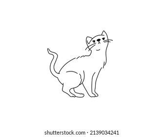 Vector isolated cute cartoon serious sitting cat colorless black and white contour line doodle drawing