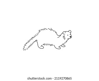 Vector isolated cute cartoon shaggy disheveled ferret colorless black and white contour line doodle drawing