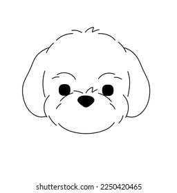 Vector isolated cute cartoon shaggy small lapdog malteze puppy dog head mask muzzle face  portrait colorless black and white contour line easy drawing