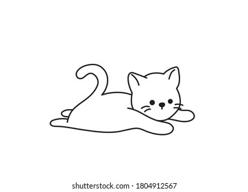 Vector isolated cute cartoon simple drawing lying cat. Colorless contour cat kitten outline doodle sketch.