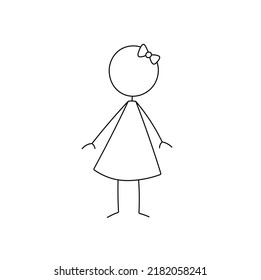Vector isolated cute cartoon simple doodle girl with bow ribbon on head colorless black and white doodle line drawing