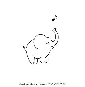 Vector isolated cute cartoon singing elephant contour line drawing. Tiny musical elephant doodle sketch.
