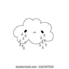 Vector Isolated Cute Cartoon Single Wavy Crying Cloud With Eyes And Tears Colorless Black And White Contour Line Drawing