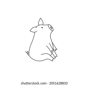 Vector isolated cute cartoon sitting pig contour black line drawing. Colorless black and white piglet coloring page