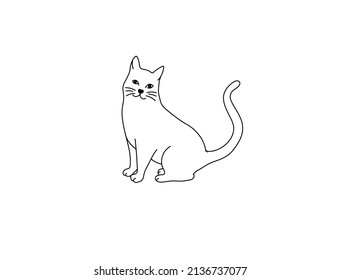 Vector isolated cute cartoon sitting cat colorless black and white contour line doodle drawing