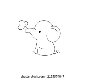 Vector isolated cute cartoon sitting baby elephant with a butterfly on its trunk