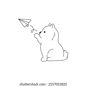 Vector isolated cute cartoon sitting spitz dog launching paper plane colorless black and white contour line drawing