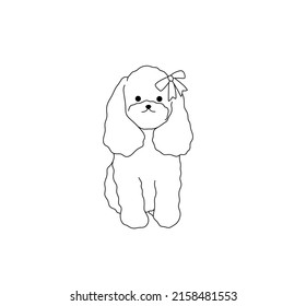 Vector isolated cute cartoon sitting  curly spaniel dog with bow on its head colorless black and white contour line drawing. 