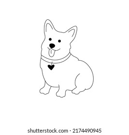 Vector Isolated Cute Cartoon Sitting  Welsh Corgi Cardigan Pembroke In A Collar With Heart Pendant Colorless Black And White Contour Fine Line Drawing