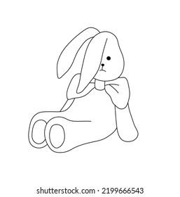 Vector Isolated Cute Cartoon Sitting Sad Bunny Rabbit Toy Colorless Black And White Contour Line Easy Drawing