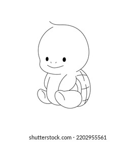 Vector isolated cute cartoon sitting baby turtle character colorless black and white contour line easy drawing