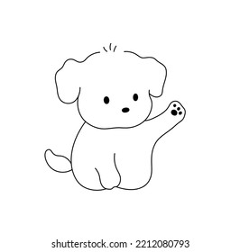 Vector isolated cute cartoon sitting puppy dog with its paw up colorless black and white contour line easy drawing
