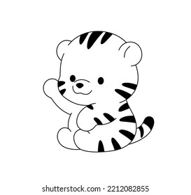 Vector isolated cute cartoon sitting baby tiger cub colorless black and white contour line easy drawing