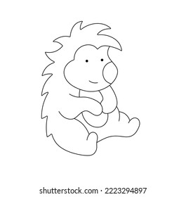 Vector aislado lindo dibujo de dibujos animados sentados personaje de hedgehog línea de contorno blanco y negro incoloro dibujo fácil