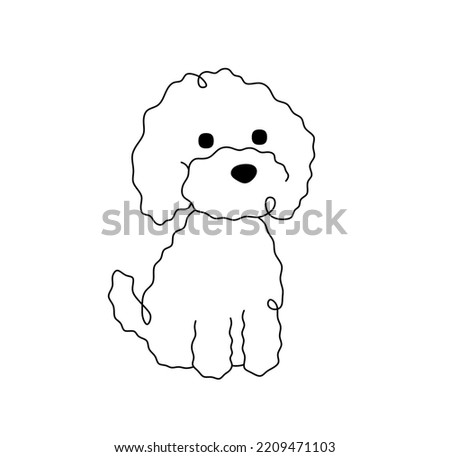 Vector isolated cute cartoon sitting curly poodle puppy dog one single line colorless black and white contour line easy drawing