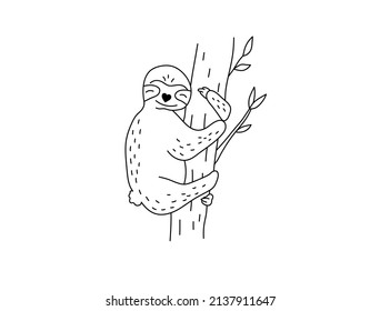 Vector isolated cute cartoon sloth hugging a tree trunk colorless black and white contour line doodle drawing